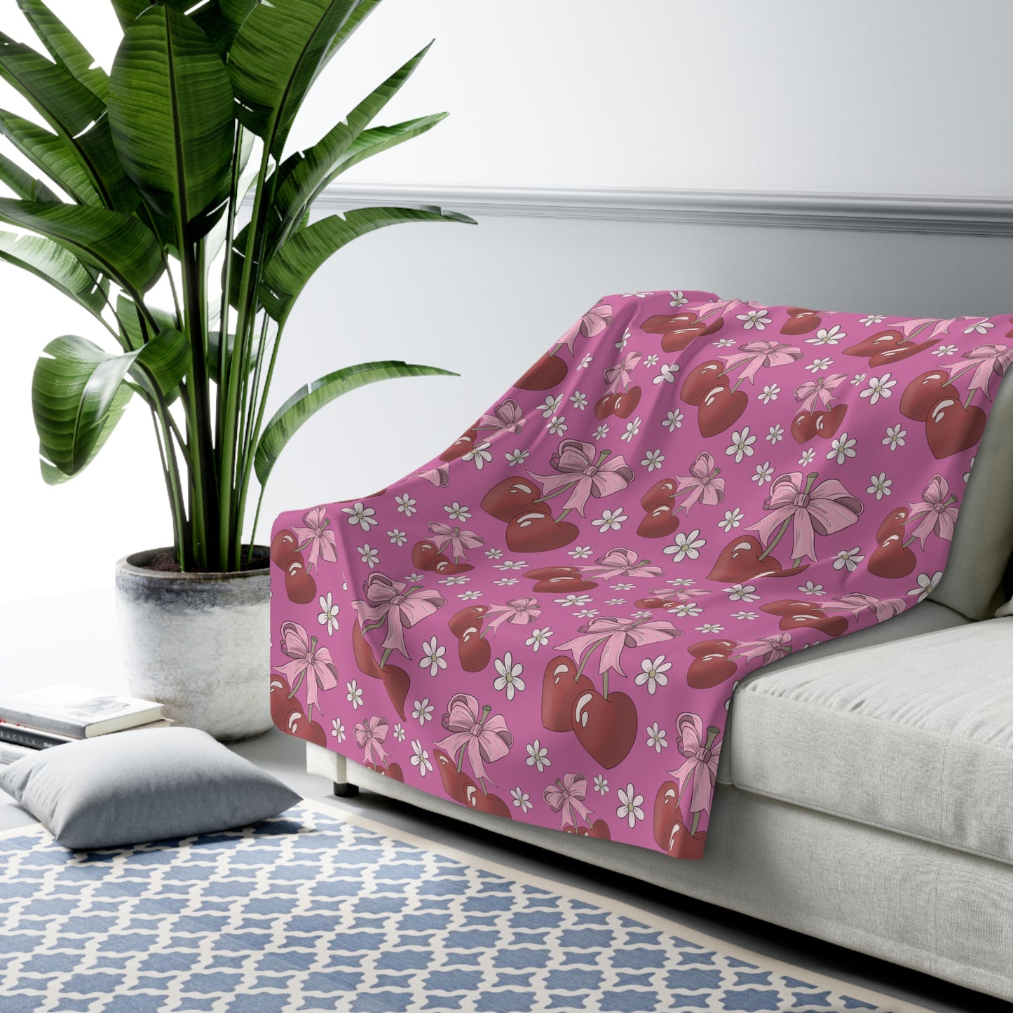 Sherpa Fleece Blanket, Heart Shaped Cherries and Bows, Warm and Cozy - 2 sizes
