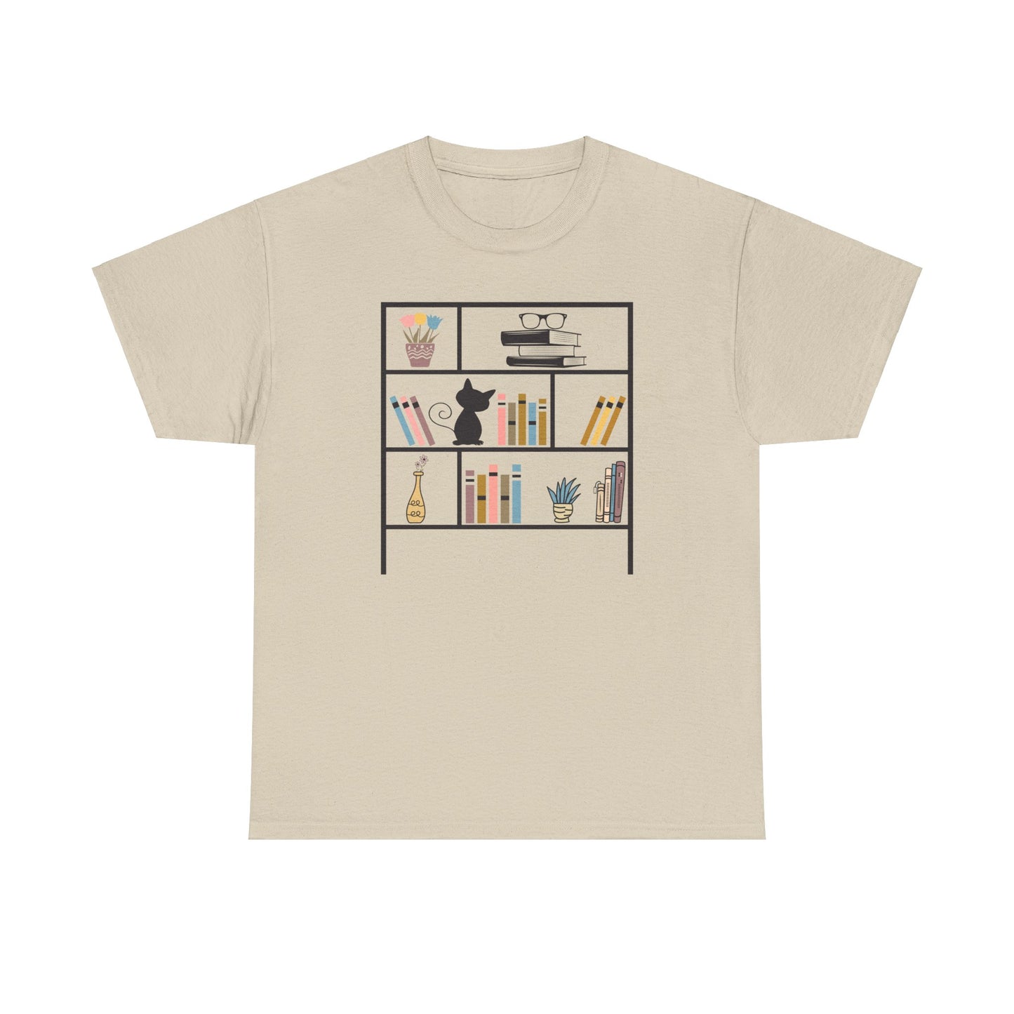 Unisex Heavy Cotton Tee - Bookshelf for books and cat