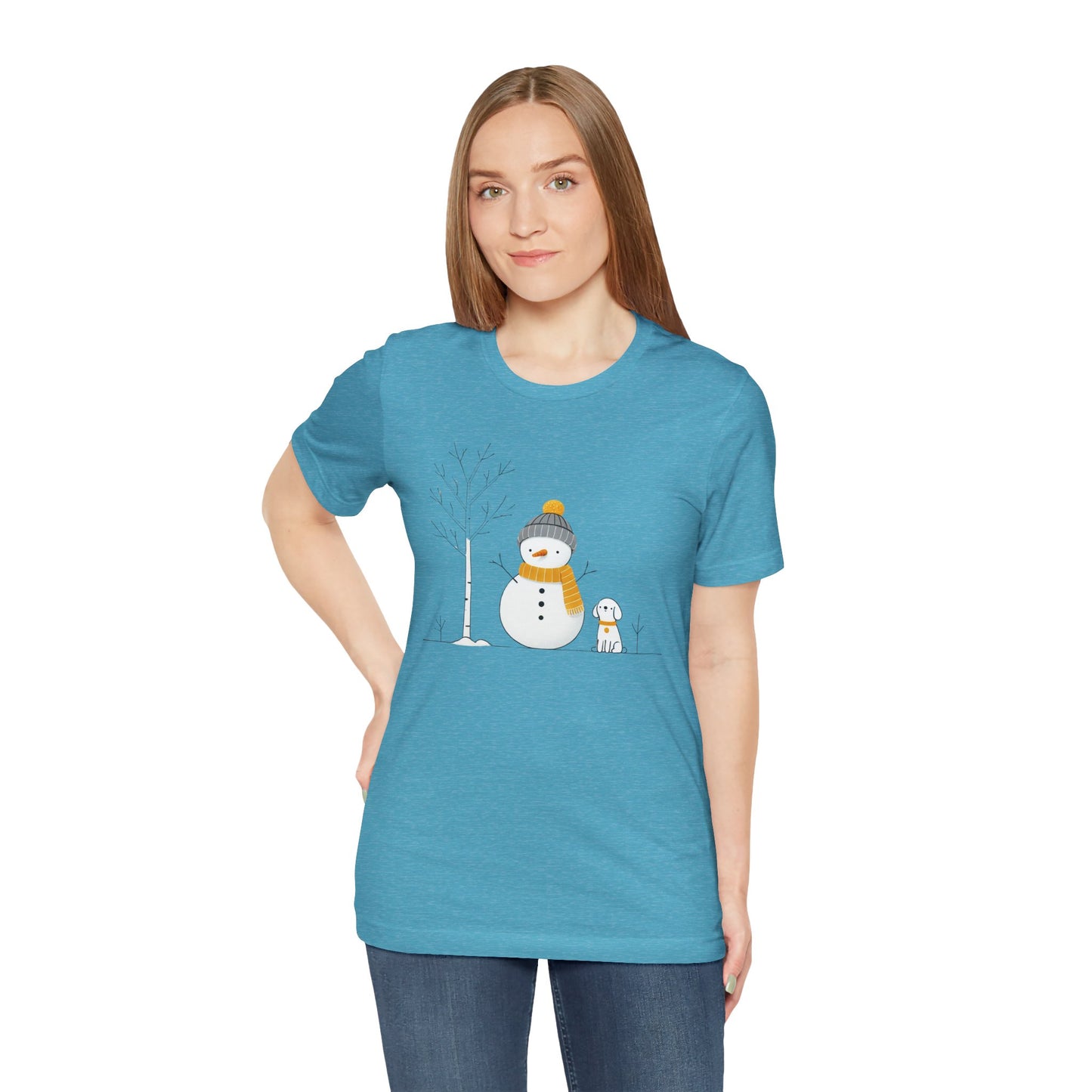 Snowman and dog winter scene Unisex Jersey Short Sleeve Tee - sizes S - 3X