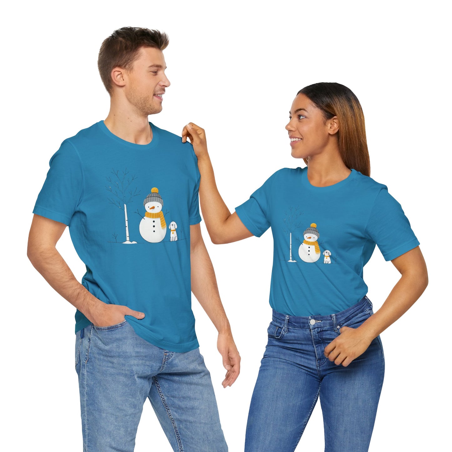Snowman and dog winter scene Unisex Jersey Short Sleeve Tee - sizes S - 3X