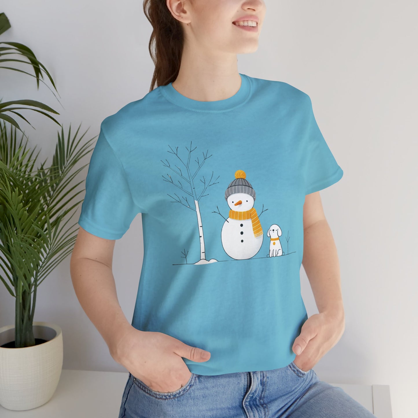 Snowman and dog winter scene Unisex Jersey Short Sleeve Tee - sizes S - 3X