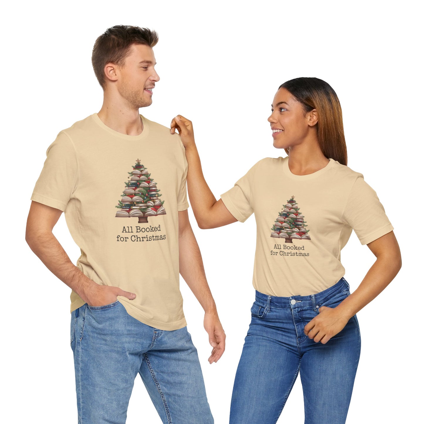 All Booked for Christmas, Book Christmas tree, Unisex Jersey Short Sleeve T-shirt - sizes S = 3X