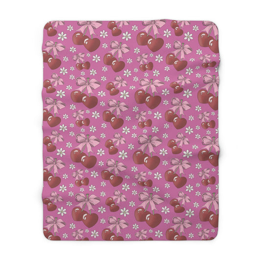 Sherpa Fleece Blanket, Heart Shaped Cherries and Bows, Warm and Cozy - 2 sizes