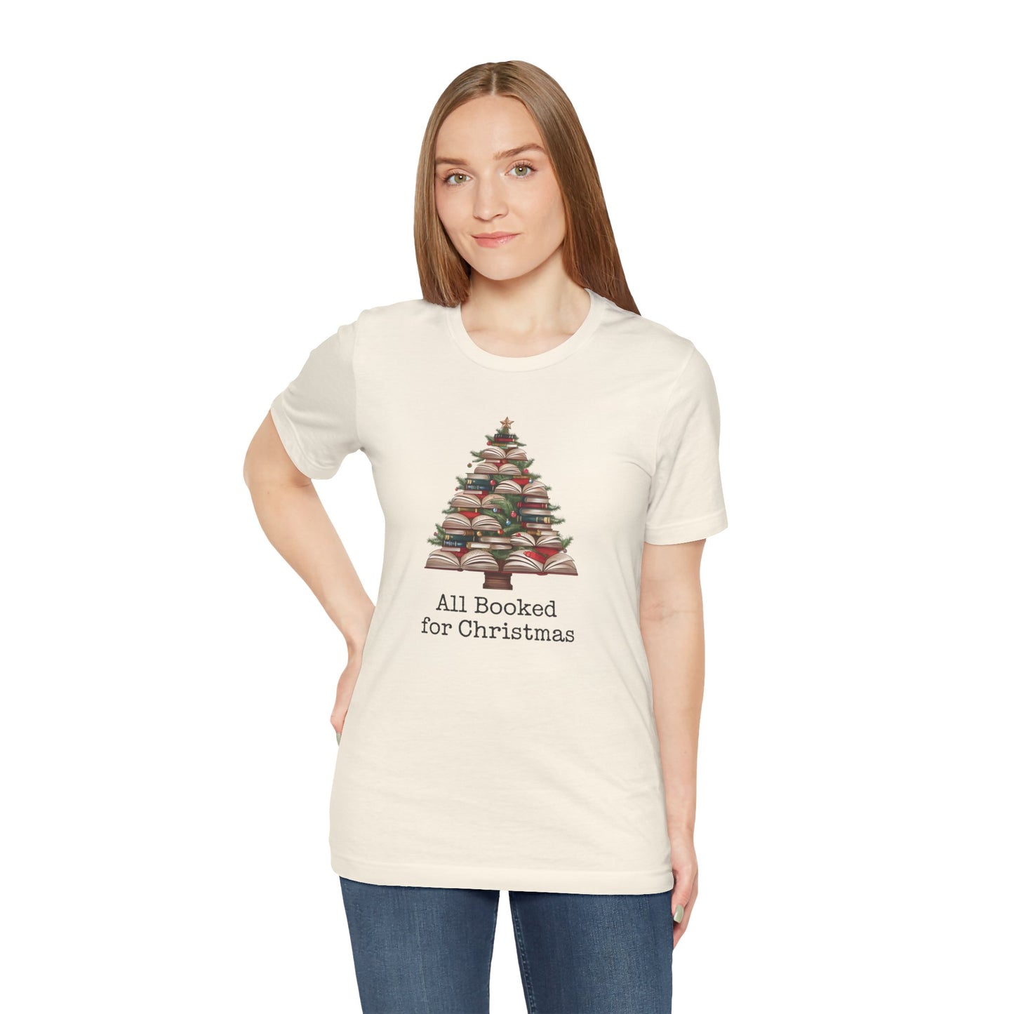All Booked for Christmas, Book Christmas tree, Unisex Jersey Short Sleeve T-shirt - sizes S = 3X