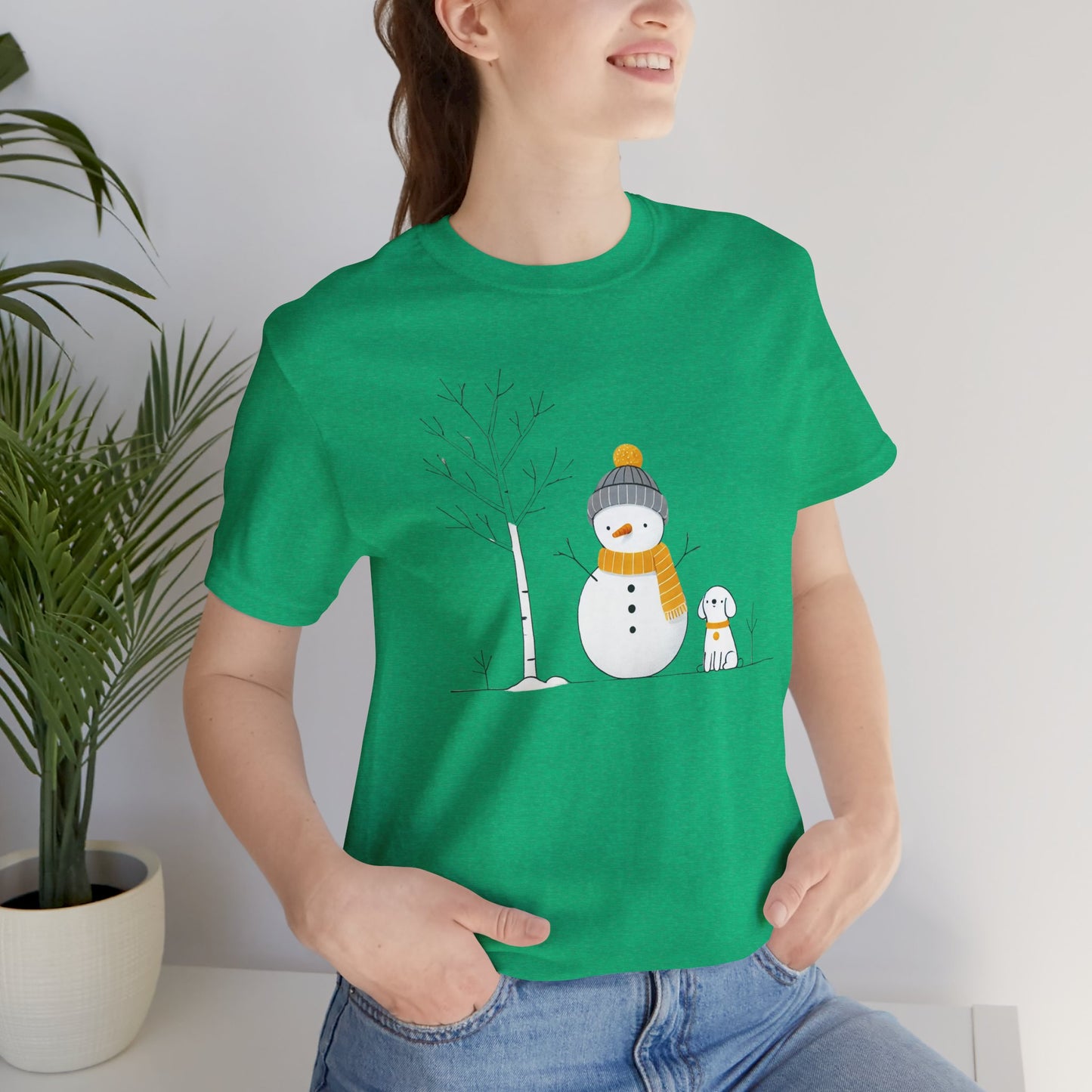 Snowman and dog winter scene Unisex Jersey Short Sleeve Tee - sizes S - 3X