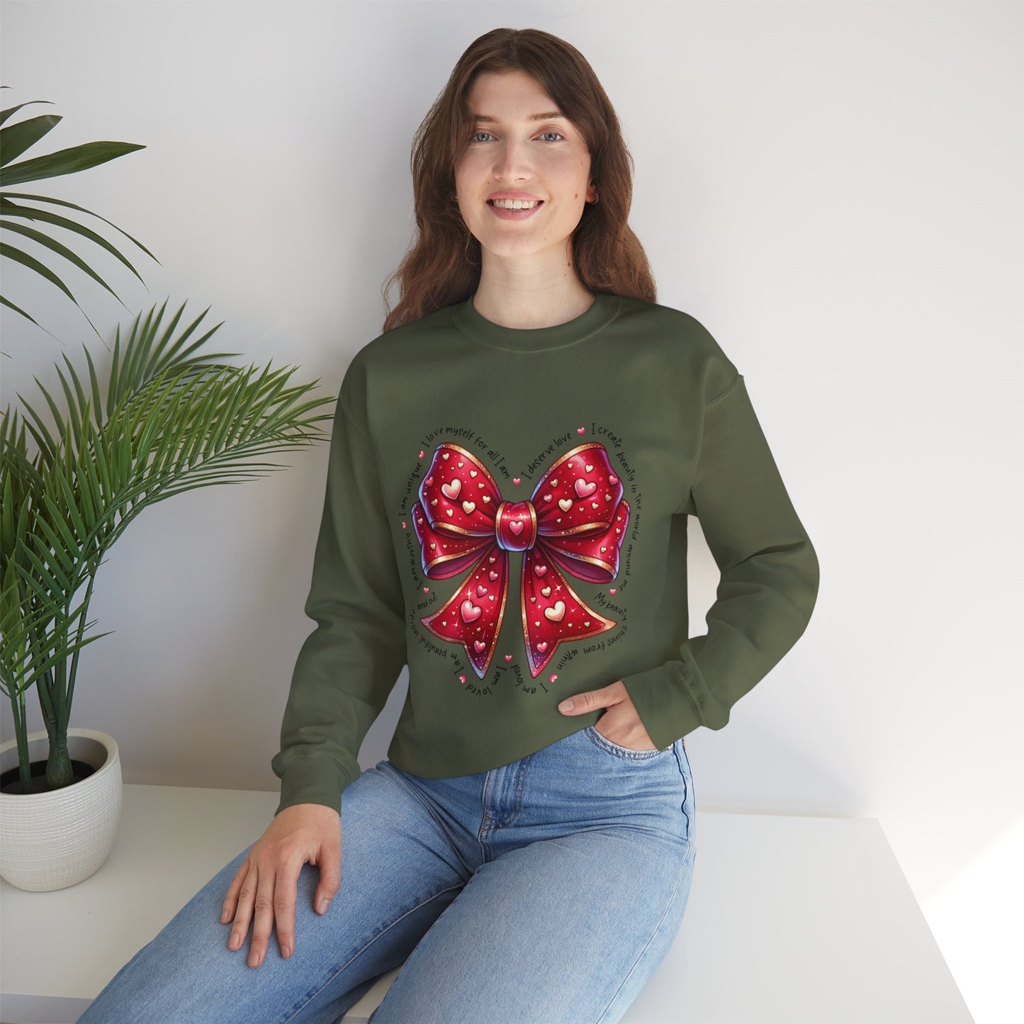 Bow Unisex Heavy Blend Crewneck Sweatshirt - Valentine's Day Warm & Cozy Girly Design