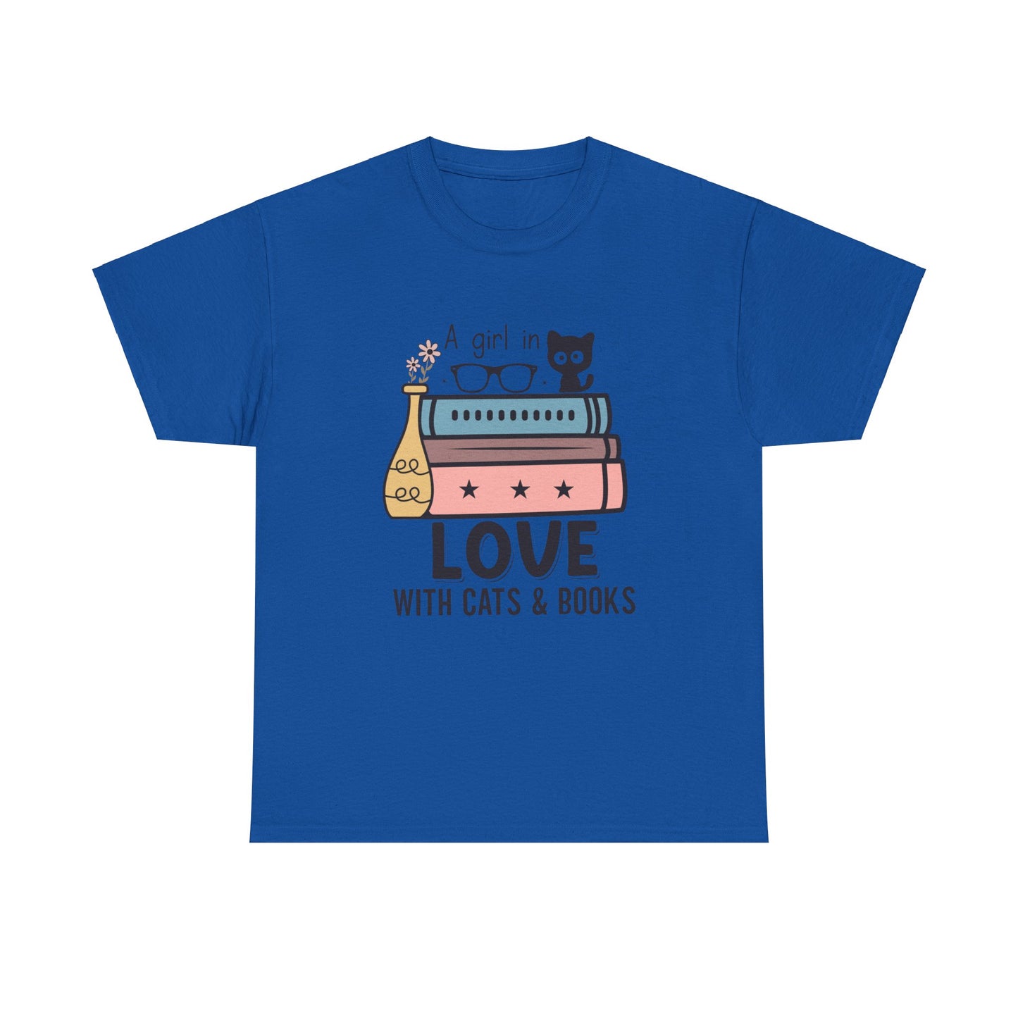 A Girl in Love with Cats and Books Unisex Heavy Cotton Tee