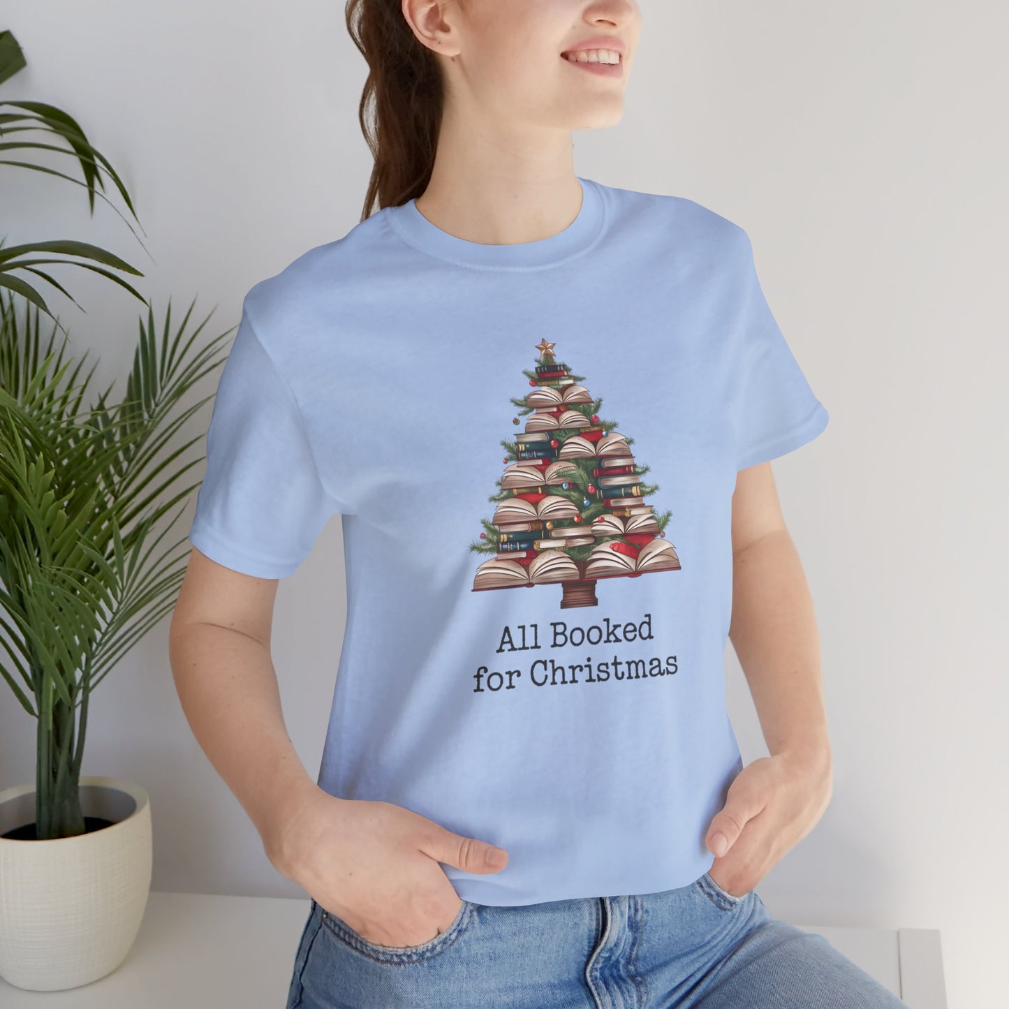 All Booked for Christmas, Book Christmas tree, Unisex Jersey Short Sleeve T-shirt - sizes S = 3X