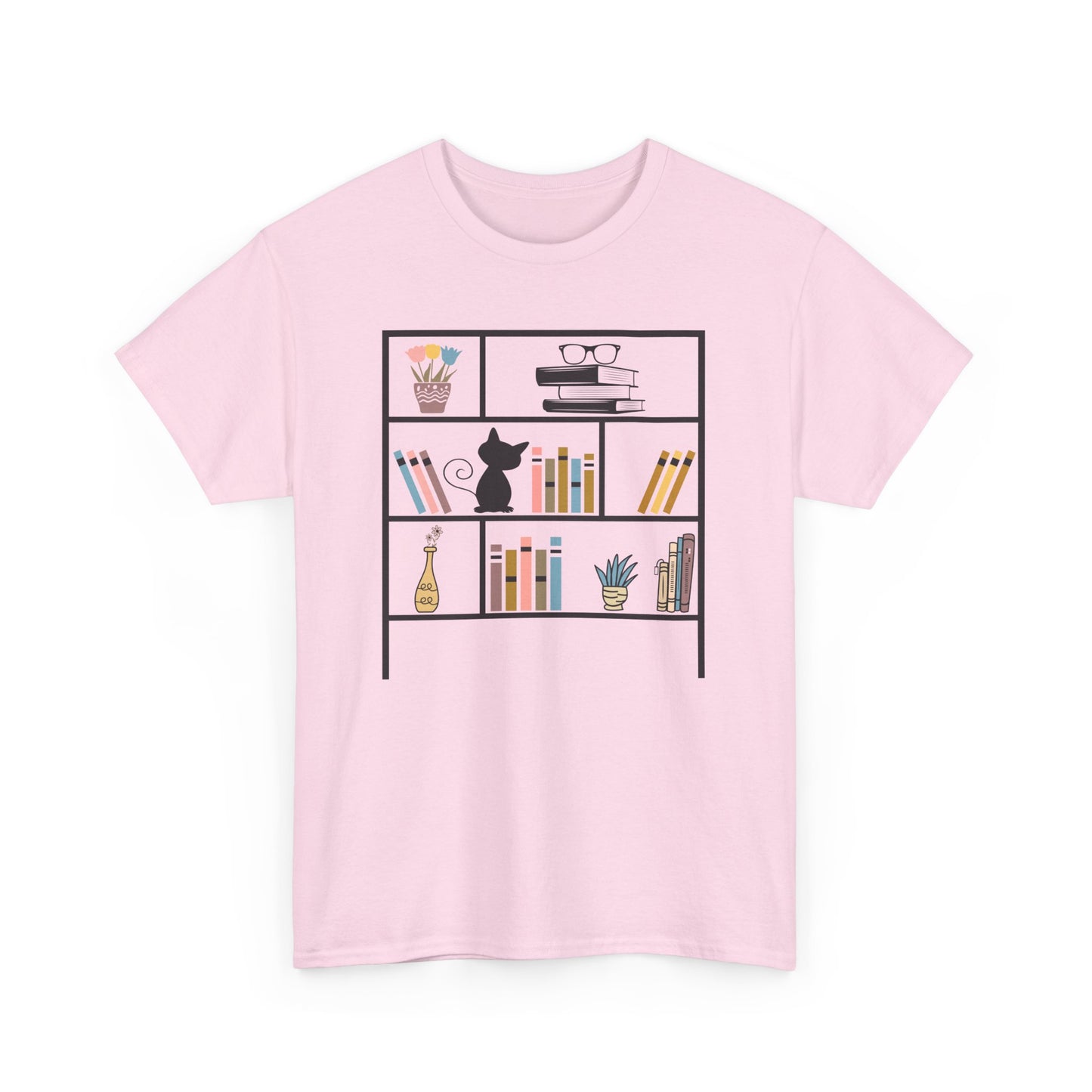 Unisex Heavy Cotton Tee - Bookshelf for books and cat