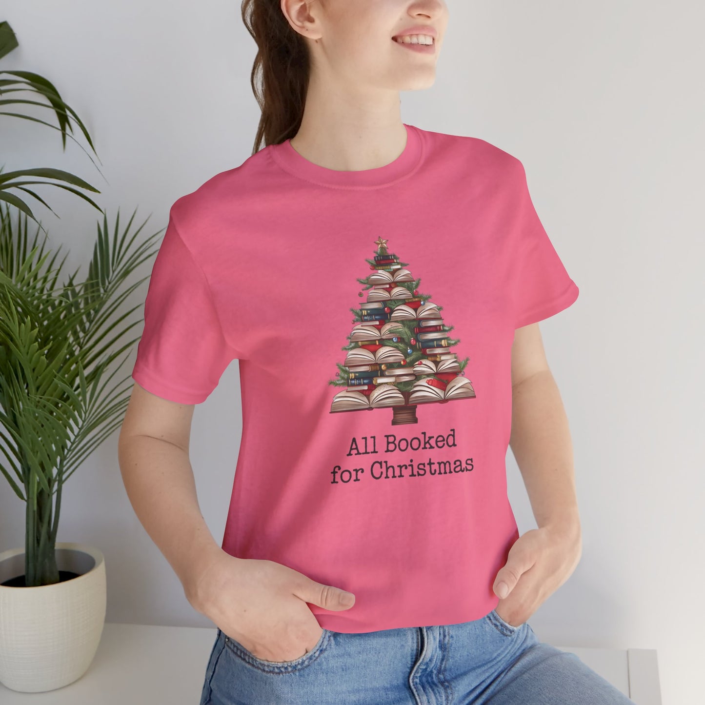 All Booked for Christmas, Book Christmas tree, Unisex Jersey Short Sleeve T-shirt - sizes S = 3X