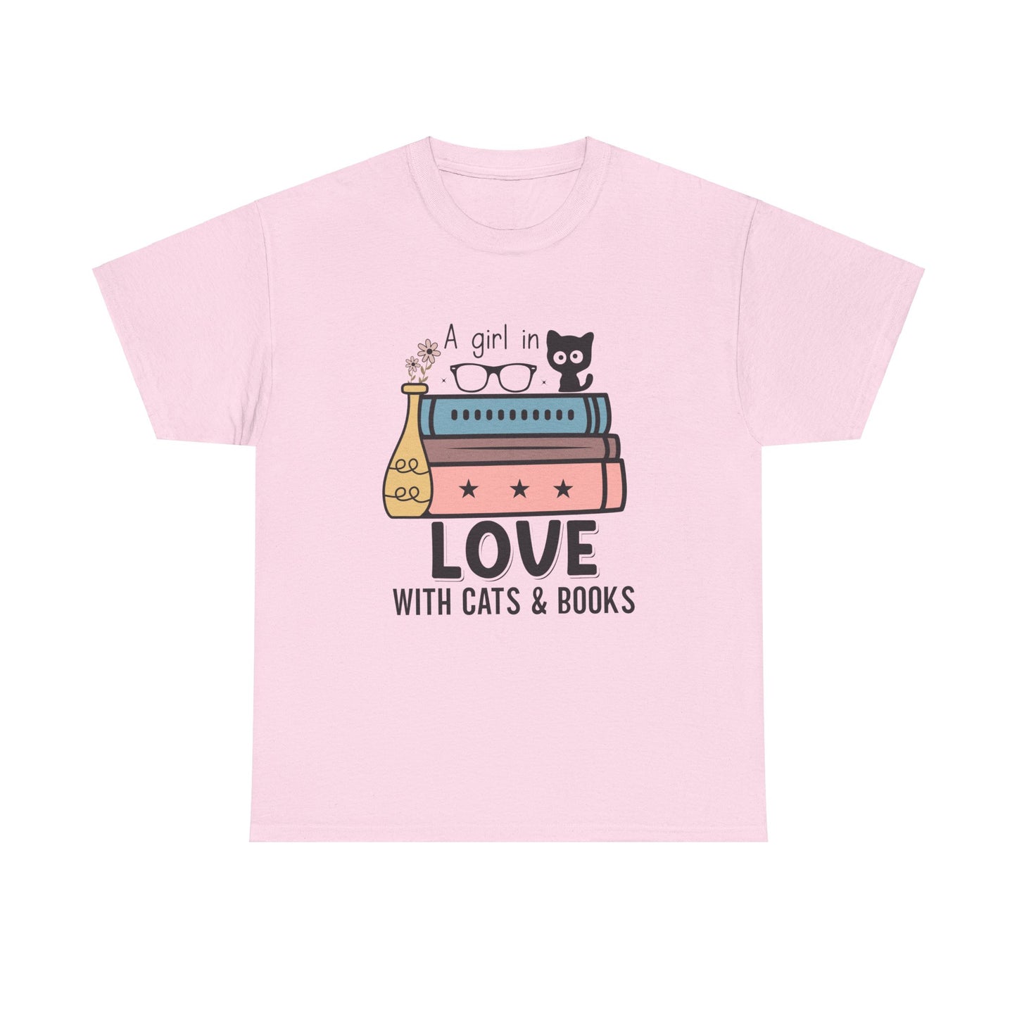 A Girl in Love with Cats and Books Unisex Heavy Cotton Tee