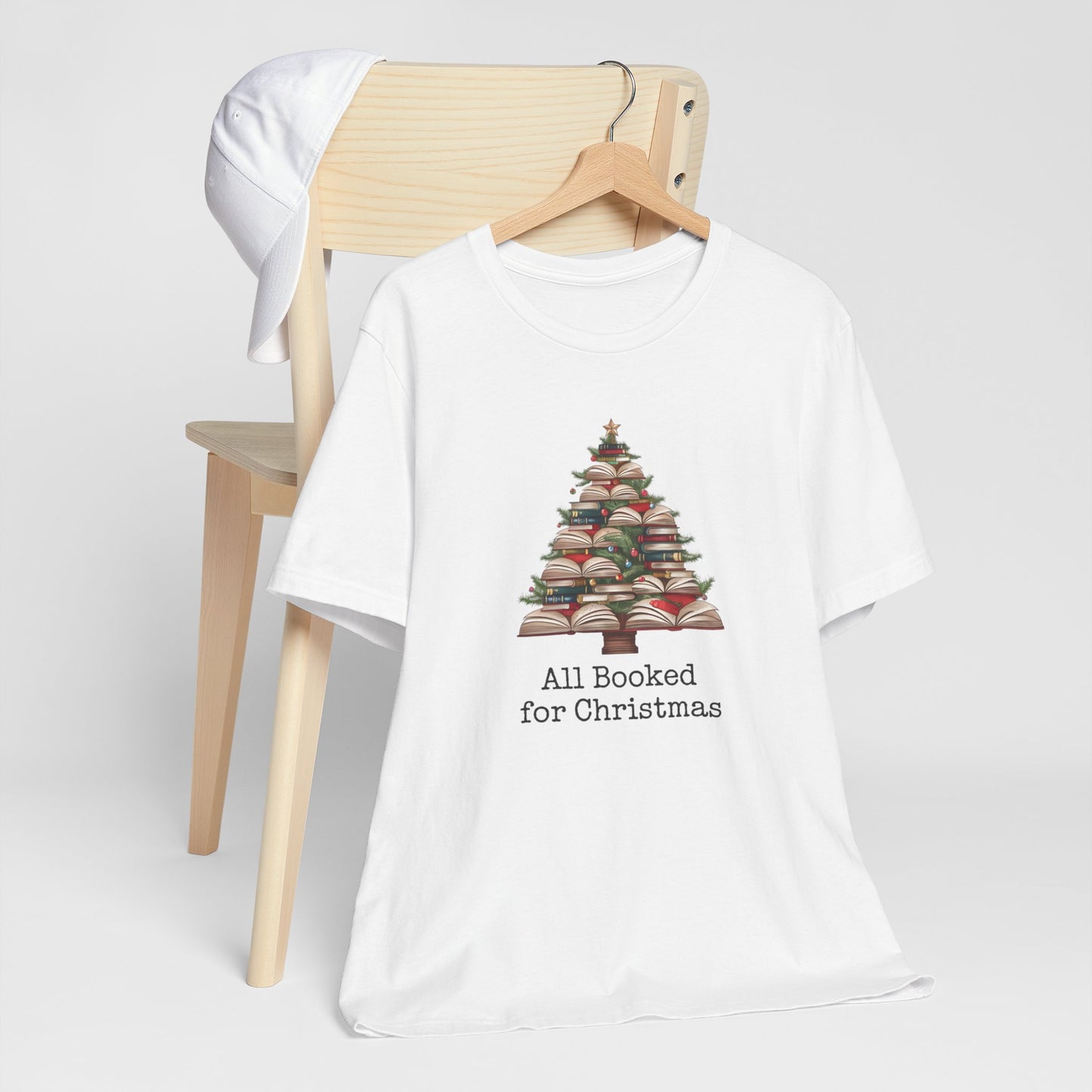 All Booked for Christmas, Book Christmas tree, Unisex Jersey Short Sleeve T-shirt - sizes S = 3X