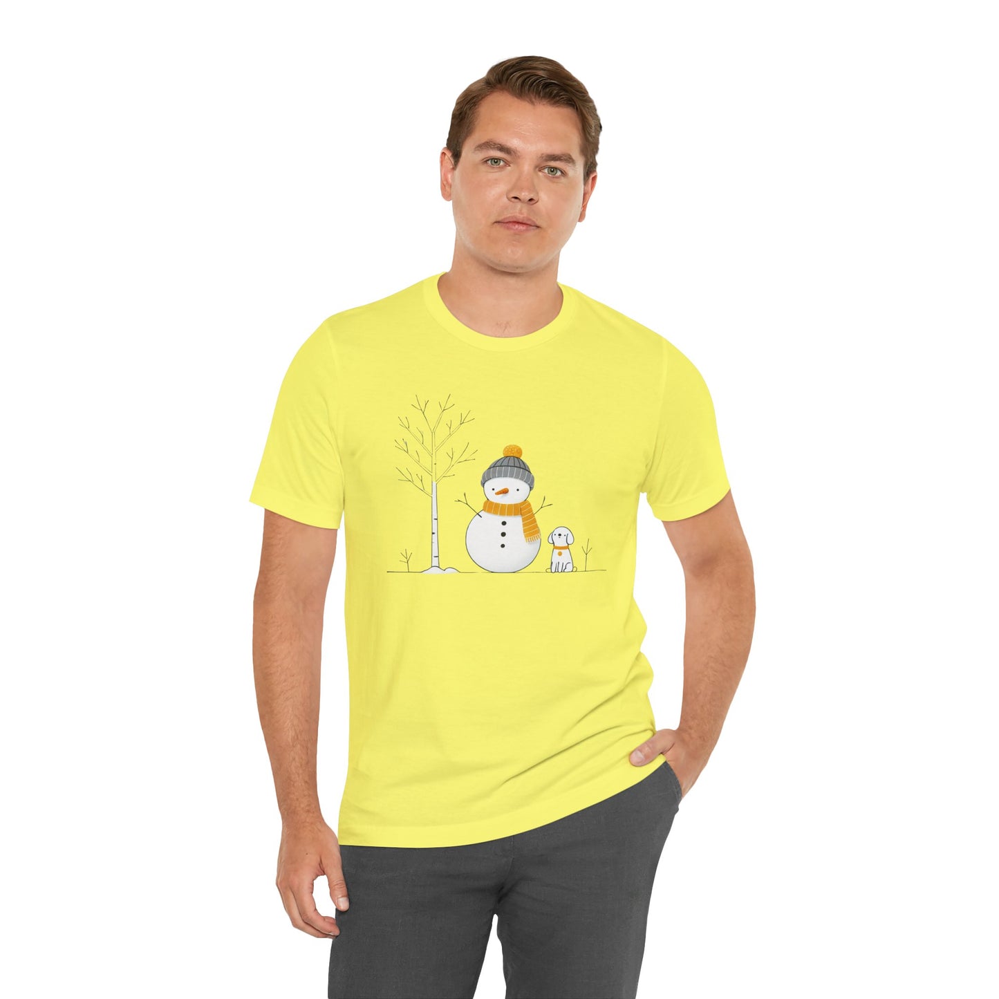 Snowman and dog winter scene Unisex Jersey Short Sleeve Tee - sizes S - 3X
