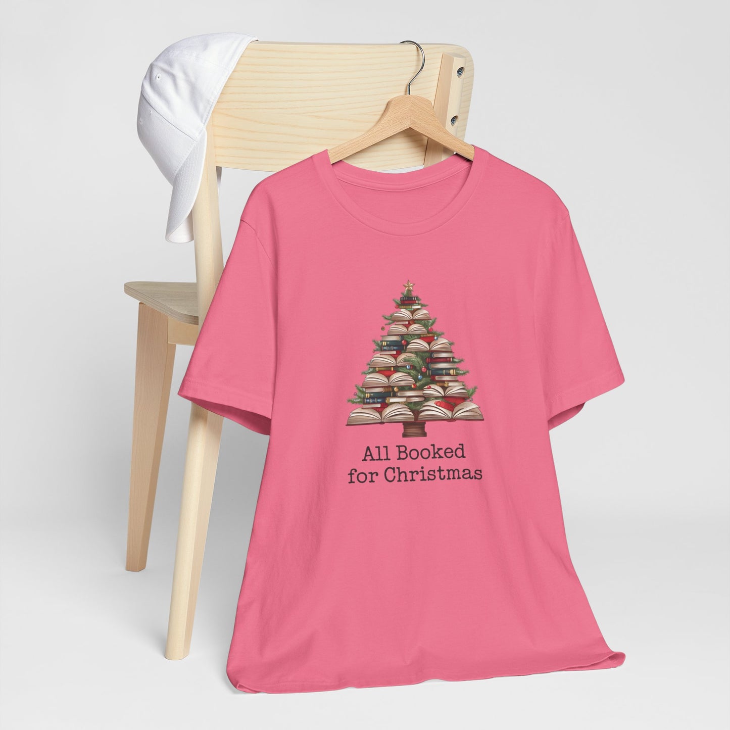 All Booked for Christmas, Book Christmas tree, Unisex Jersey Short Sleeve T-shirt - sizes S = 3X