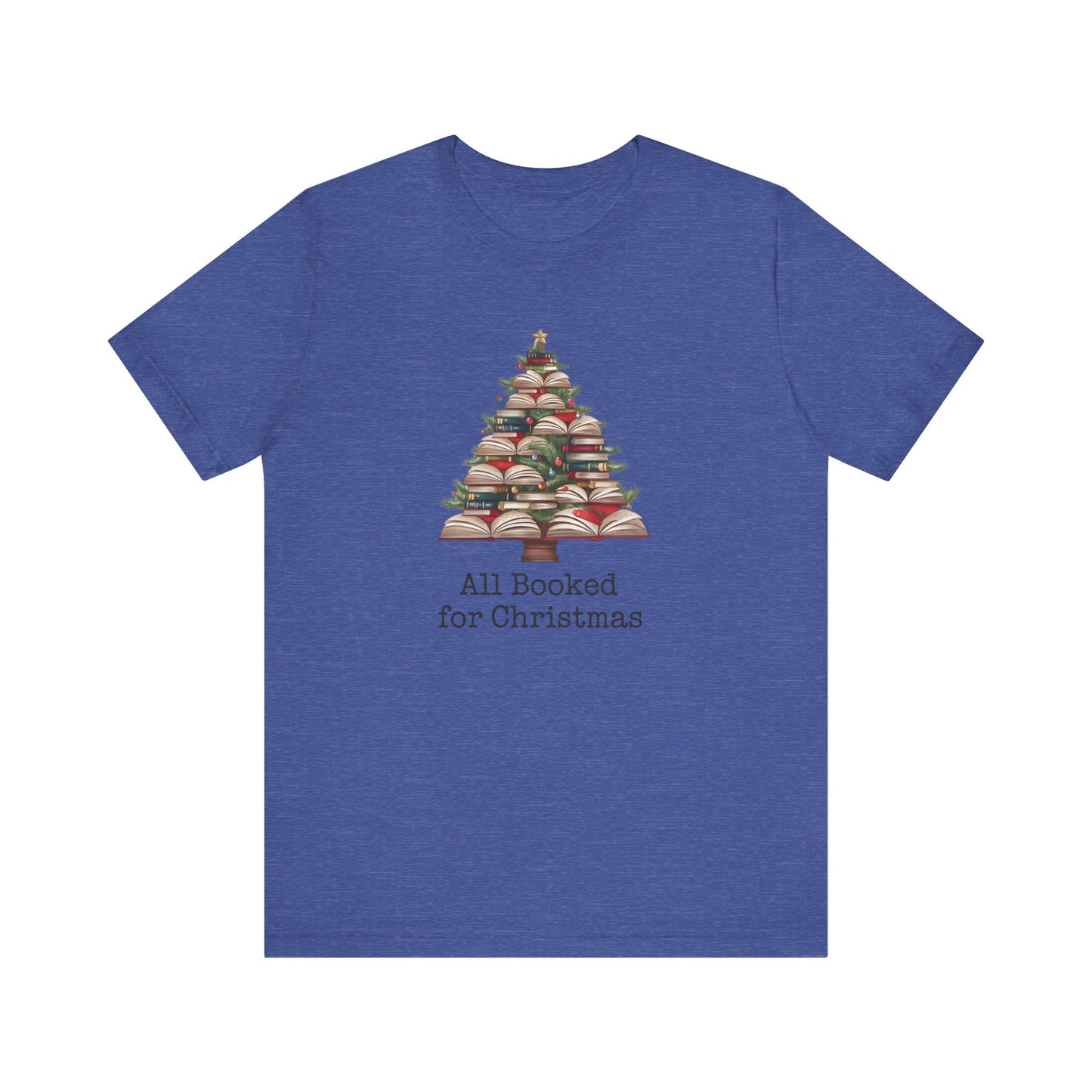 All Booked for Christmas, Book Christmas tree, Unisex Jersey Short Sleeve T-shirt - sizes S = 3X